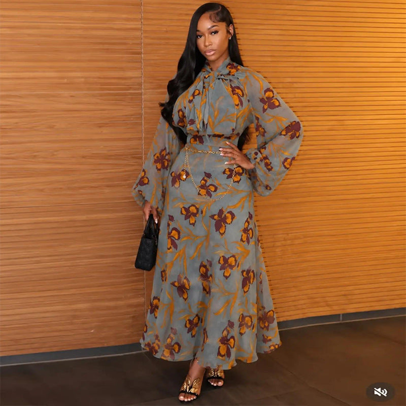 Tie-Neck Lantern-Sleeve Printed Dress