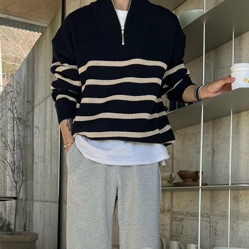 Zip-Neck Ribbed Knit Sweater