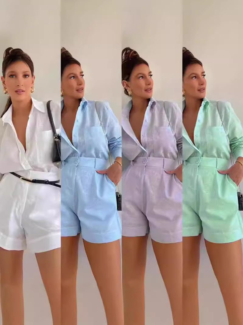 Chic Collared Shirt and High Waist Shorts Matching Set