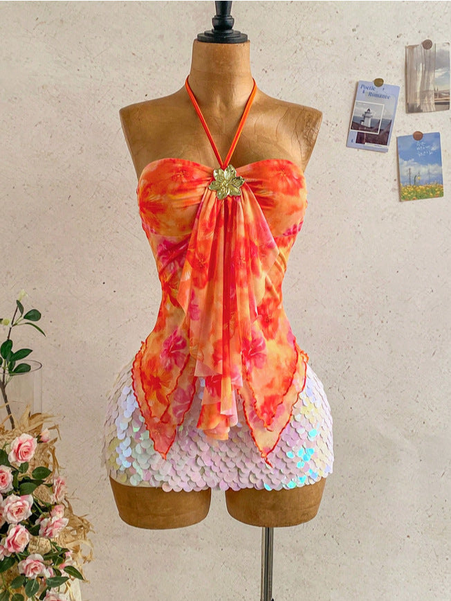 Floral Accent Mesh Halter Top