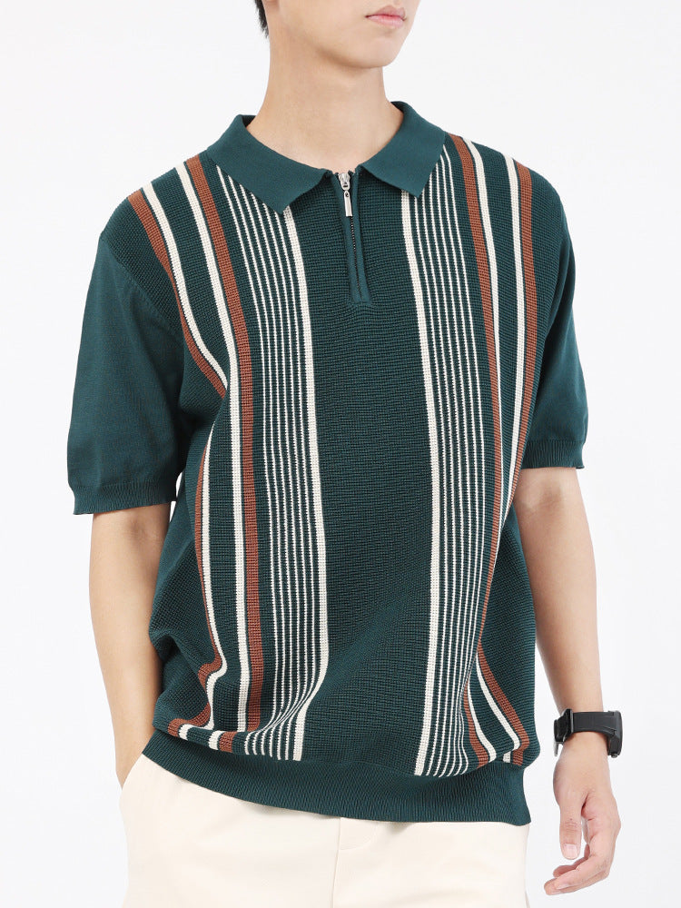 Men’s Vertical Stripe Quarter-Zip Knit Polo
