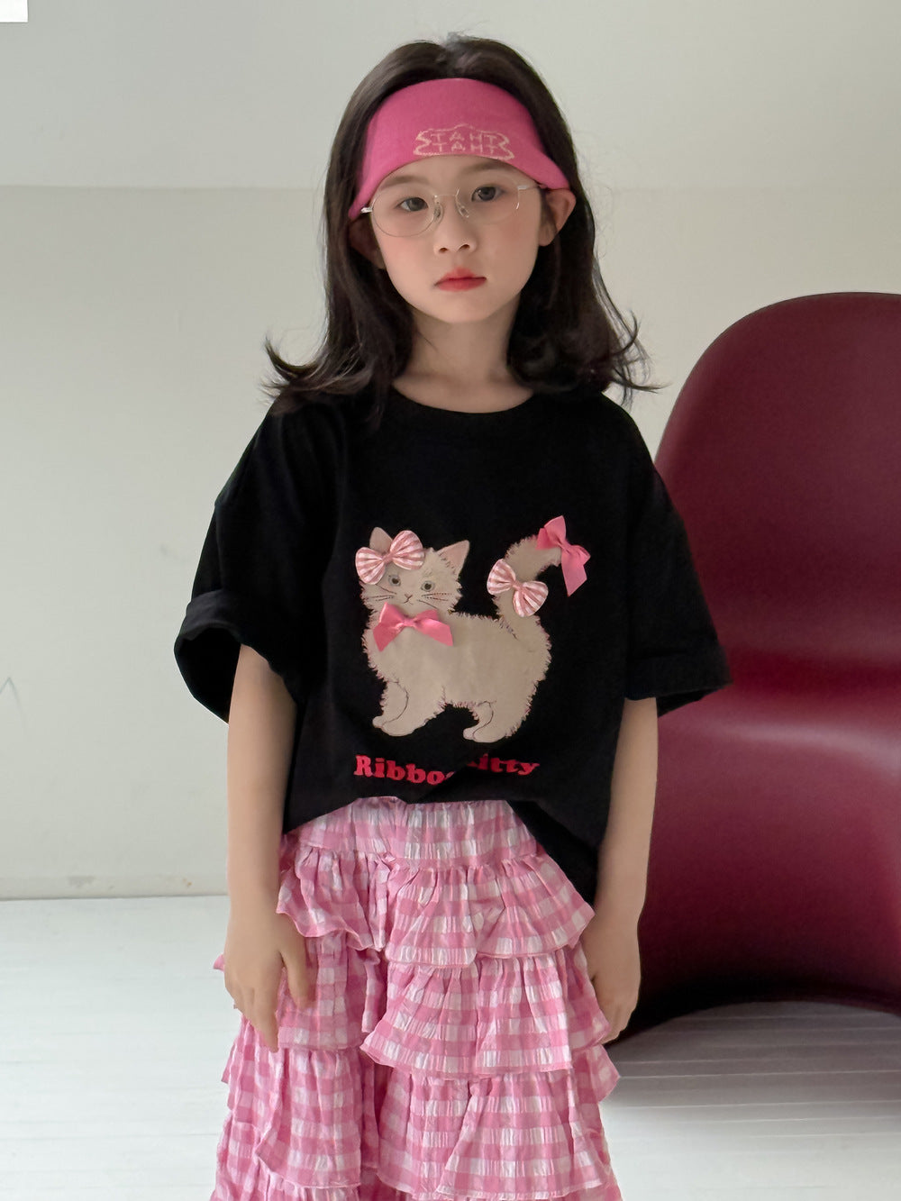 Girls' Cat-Print Bow T-Shirt