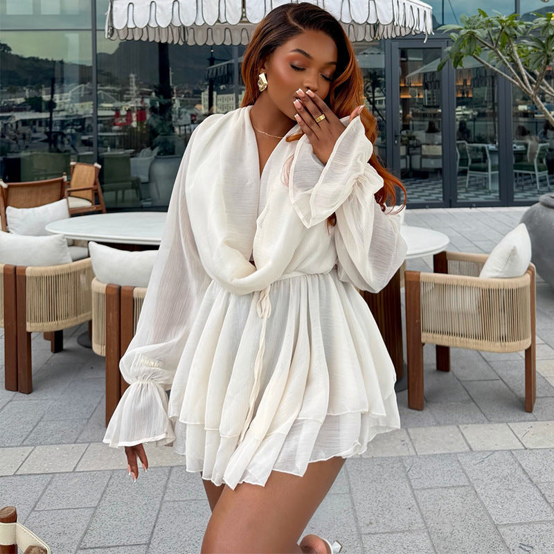 Cowl-Neck Flare-Sleeve Pleated Dress