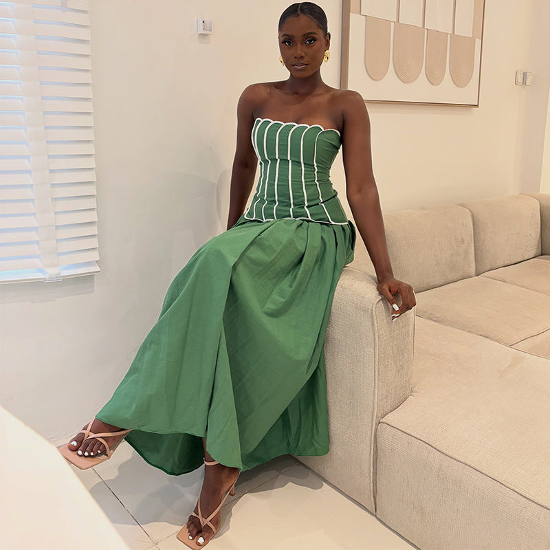 Color-Block Off-Shoulder Pleated Dress