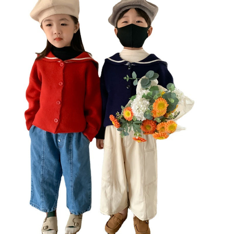 Kids' Navy-Collar Character Knit Sweater
