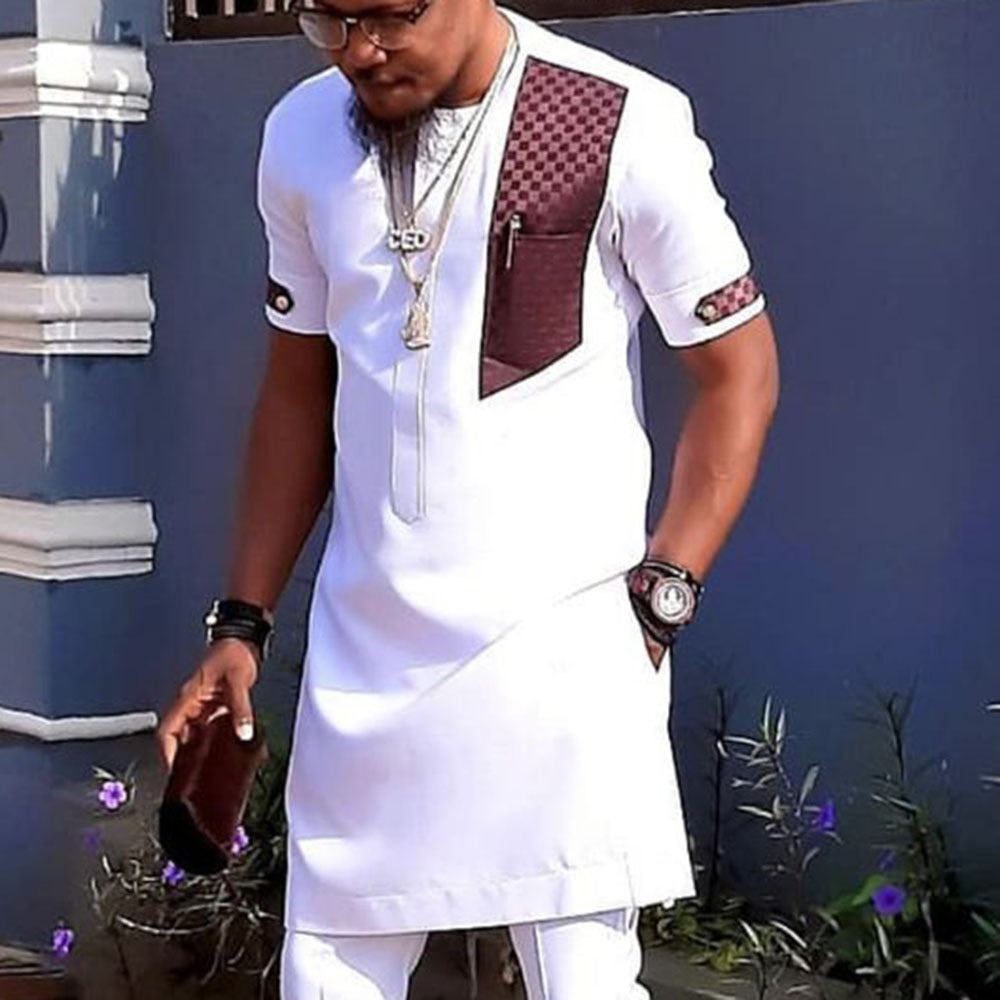 Traditional Muslim African Style Men Wedding New Suit 2 Piece Set Round Neck Long Sleeve Top Plus Pants Foreign Trade