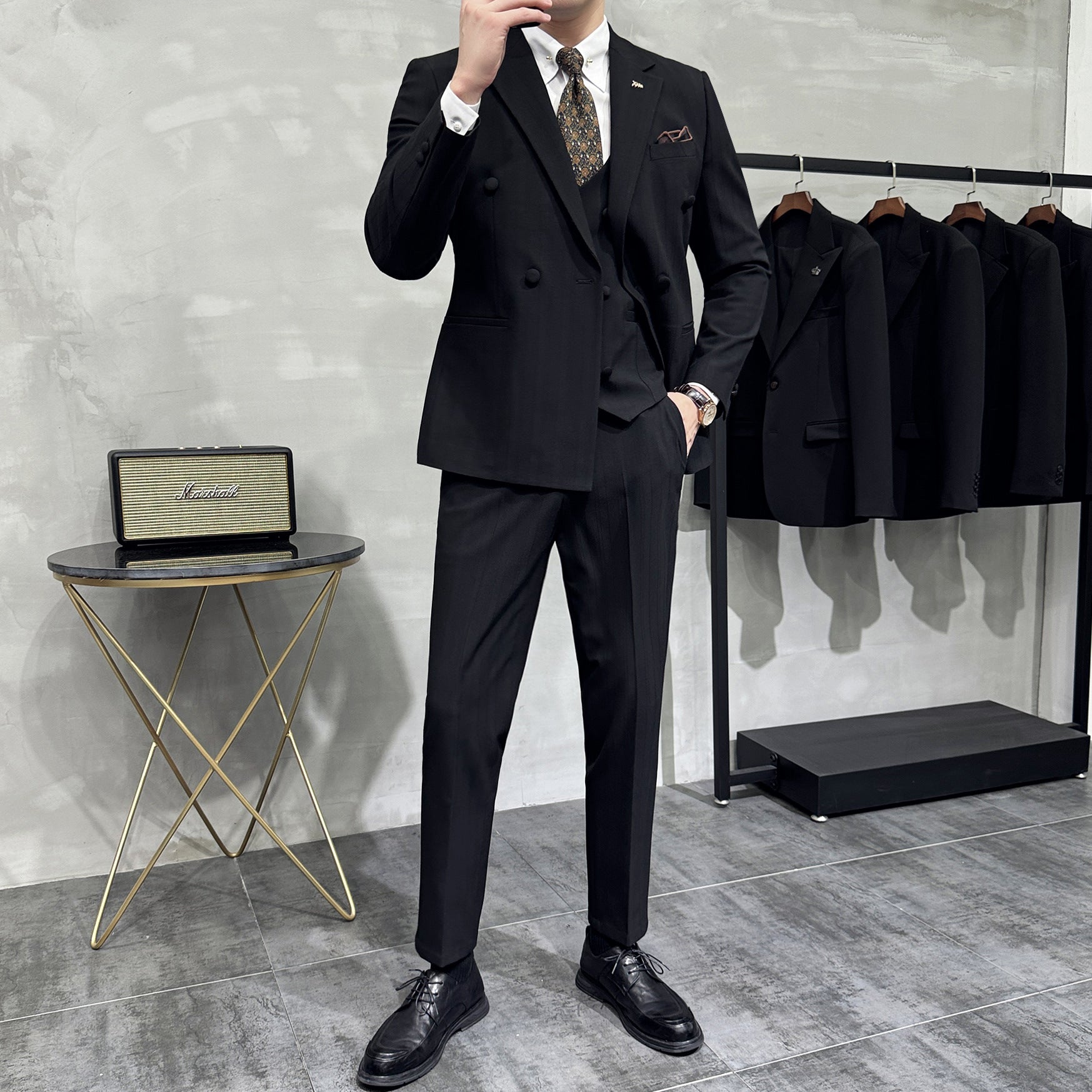 Men’s Pinstripe Double-Breasted Three-Piece Suit