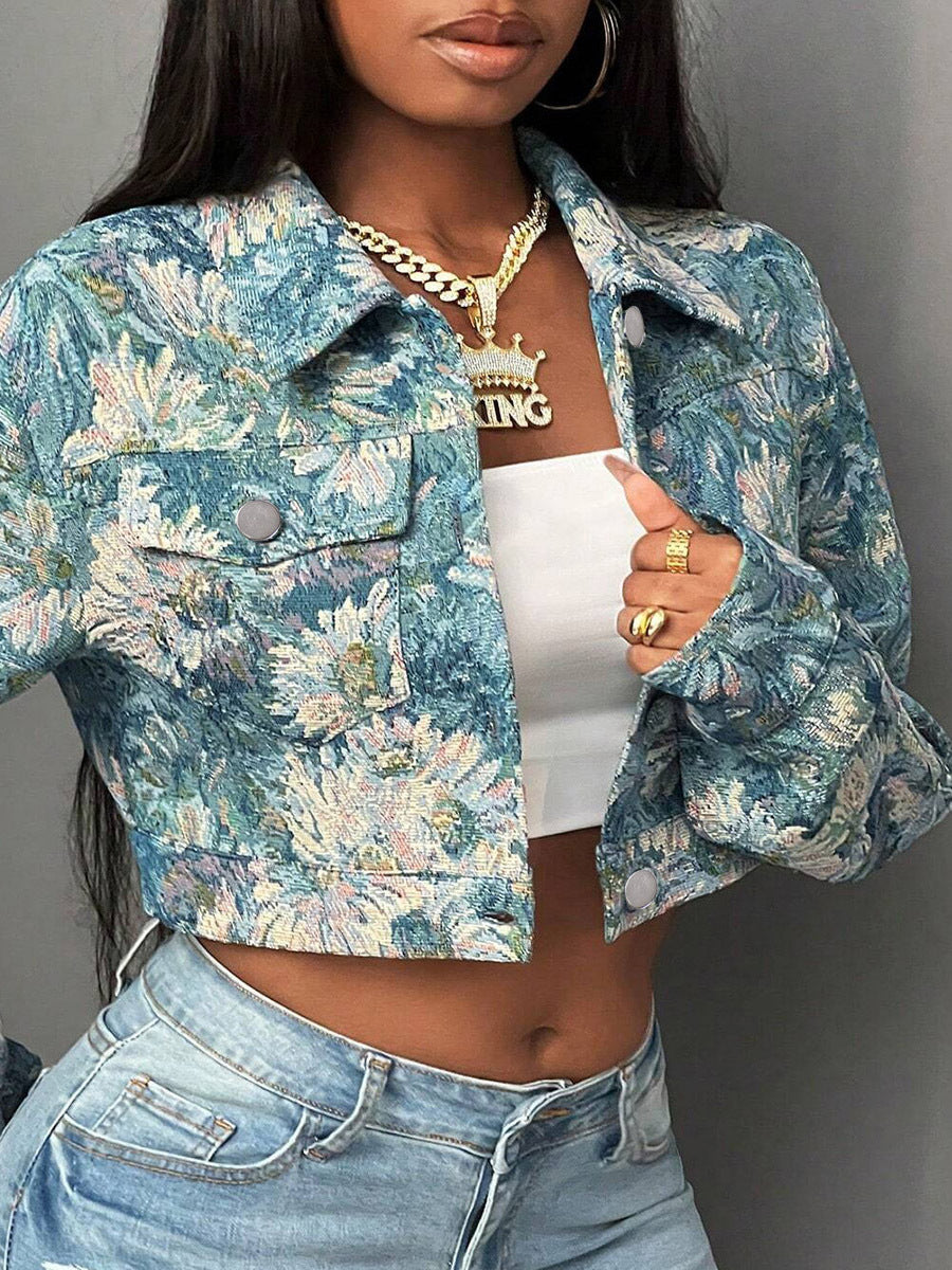 Floral Jacquard Cropped Long Sleeve Button Jacket