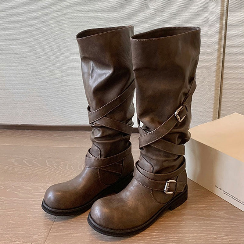 Distressed Buckle Riding Boots