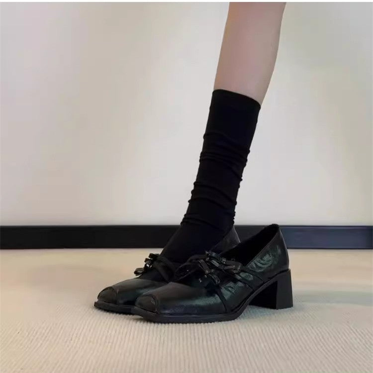 Square-Toe Bow Mary Jane Heels