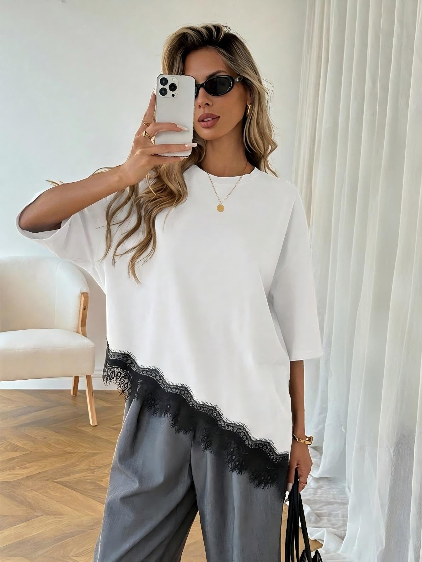 Premium Asymmetric Lace Hem Tee