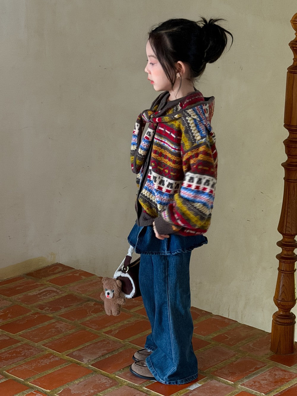 Girls' Fair-Isle Knit Cardigan with Detachable Hood