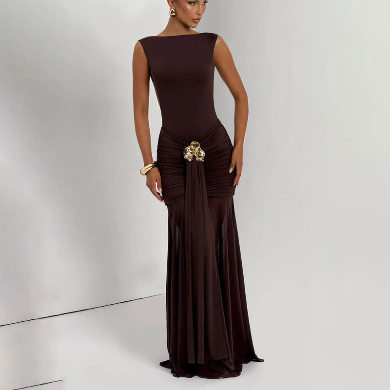 Metal-Detail Backless Maxi Dress - Black