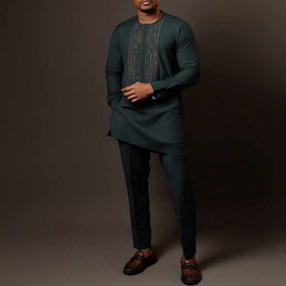 Traditional Muslim African Style Men Wedding New Suit 2 Piece Set Round Neck Long Sleeve Top Plus Pants Foreign Trade