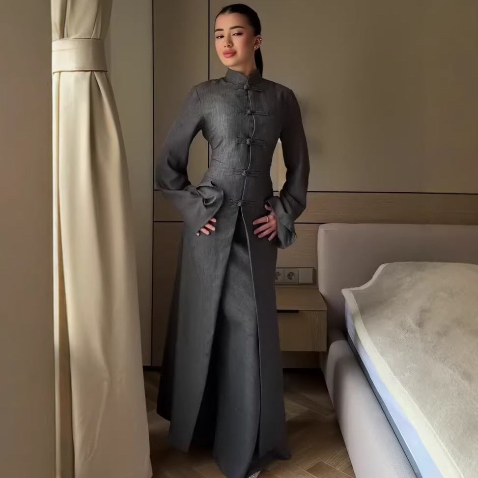 Elegant Traditional Frog Button Long Coat and Skirt Set