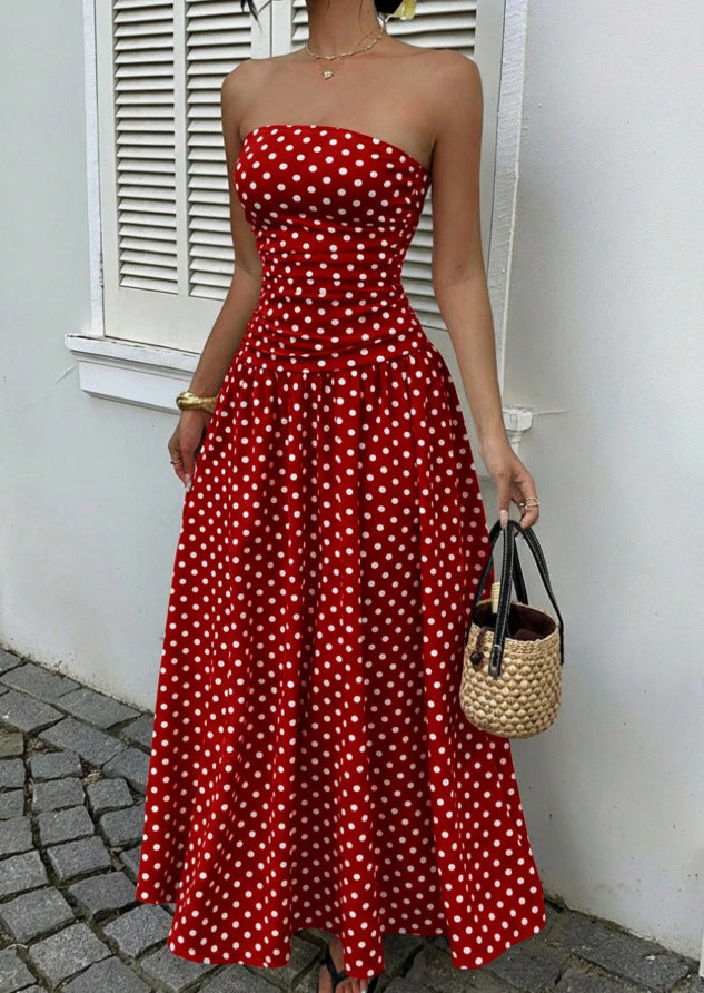 Retro Polka Dot Strapless Maxi Dress