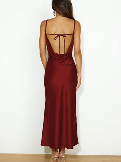 Elegant Satin Cowl Neck Slip Maxi Dress,