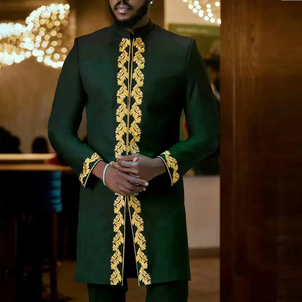 Traditional Muslim African Style Men Wedding New Suit 2 Piece Set Round Neck Long Sleeve Top Plus Pants Foreign Trade