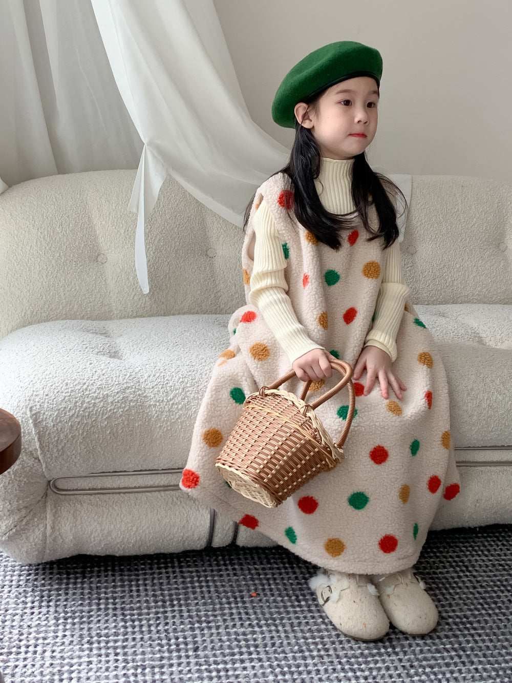 Girls' Polka-Dot Sherpa Vest Dress