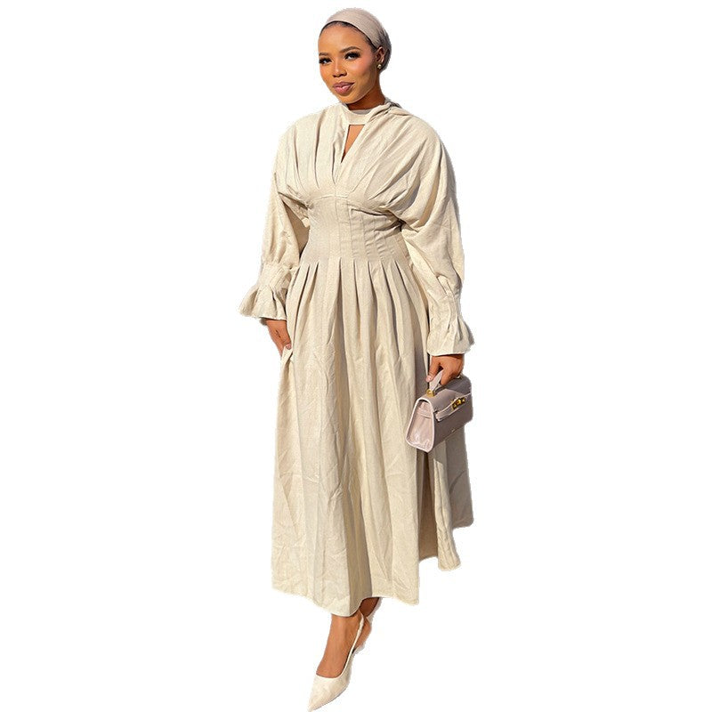 Flare-Sleeve Pleated Dress