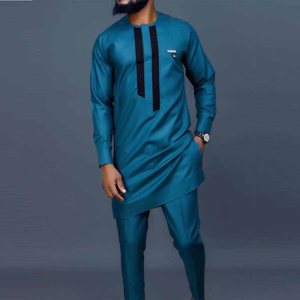 Traditional Muslim African Style Men Wedding New Suit 2 Piece Set Round Neck Long Sleeve Top Plus Pants Foreign Trade