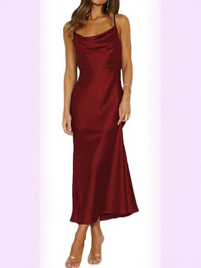 Elegant Satin Cowl Neck Slip Maxi Dress,