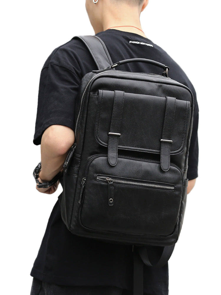 Korean version of men's PU leather backpack for middle school students, simple school bag, fashion trend travel backpack, youth casual men's bag