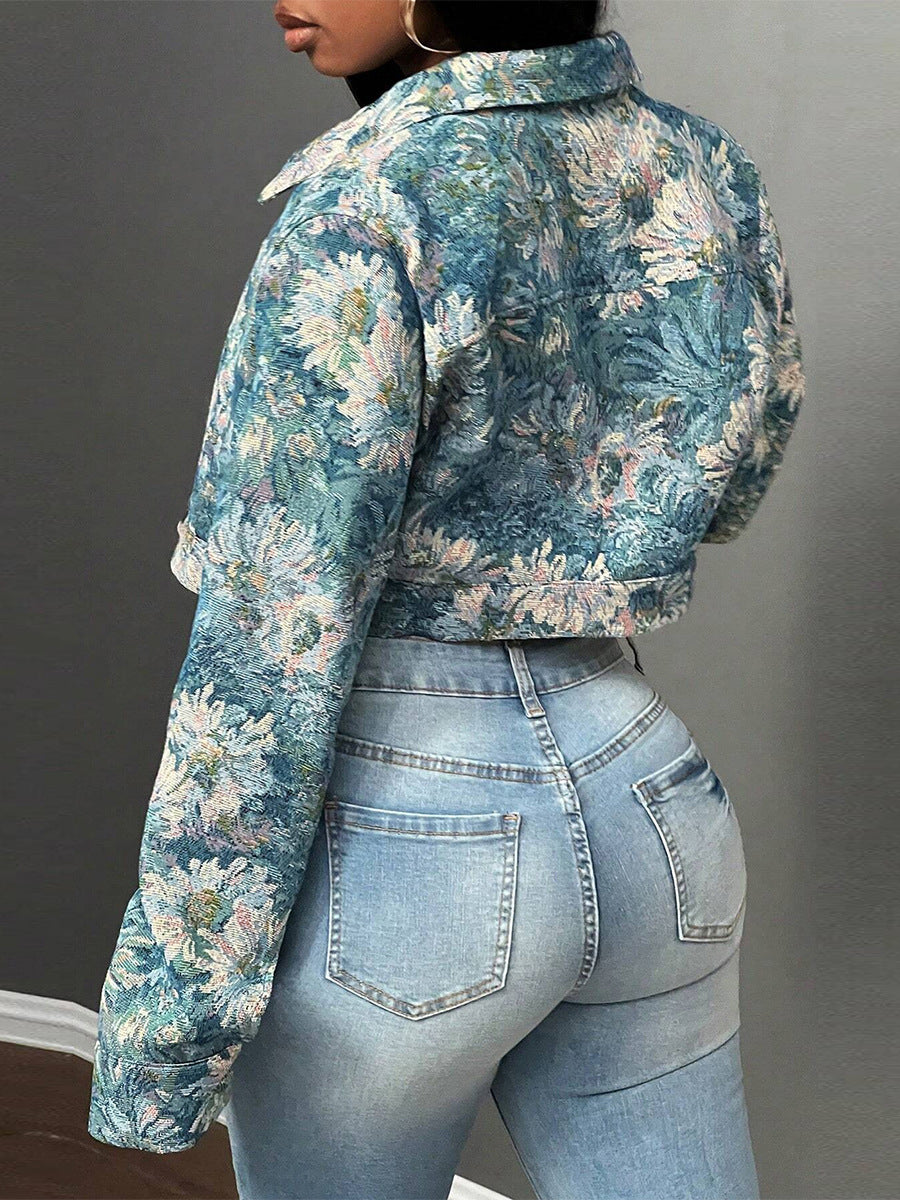 Floral Jacquard Cropped Long Sleeve Button Jacket