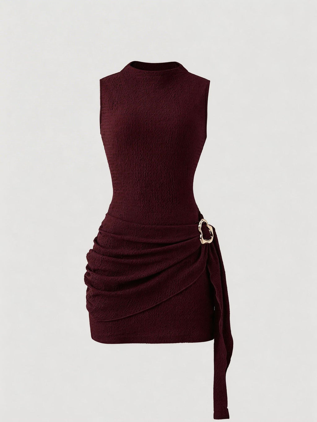 Metal-Buckle Ruched Mini Dress - Dark Red