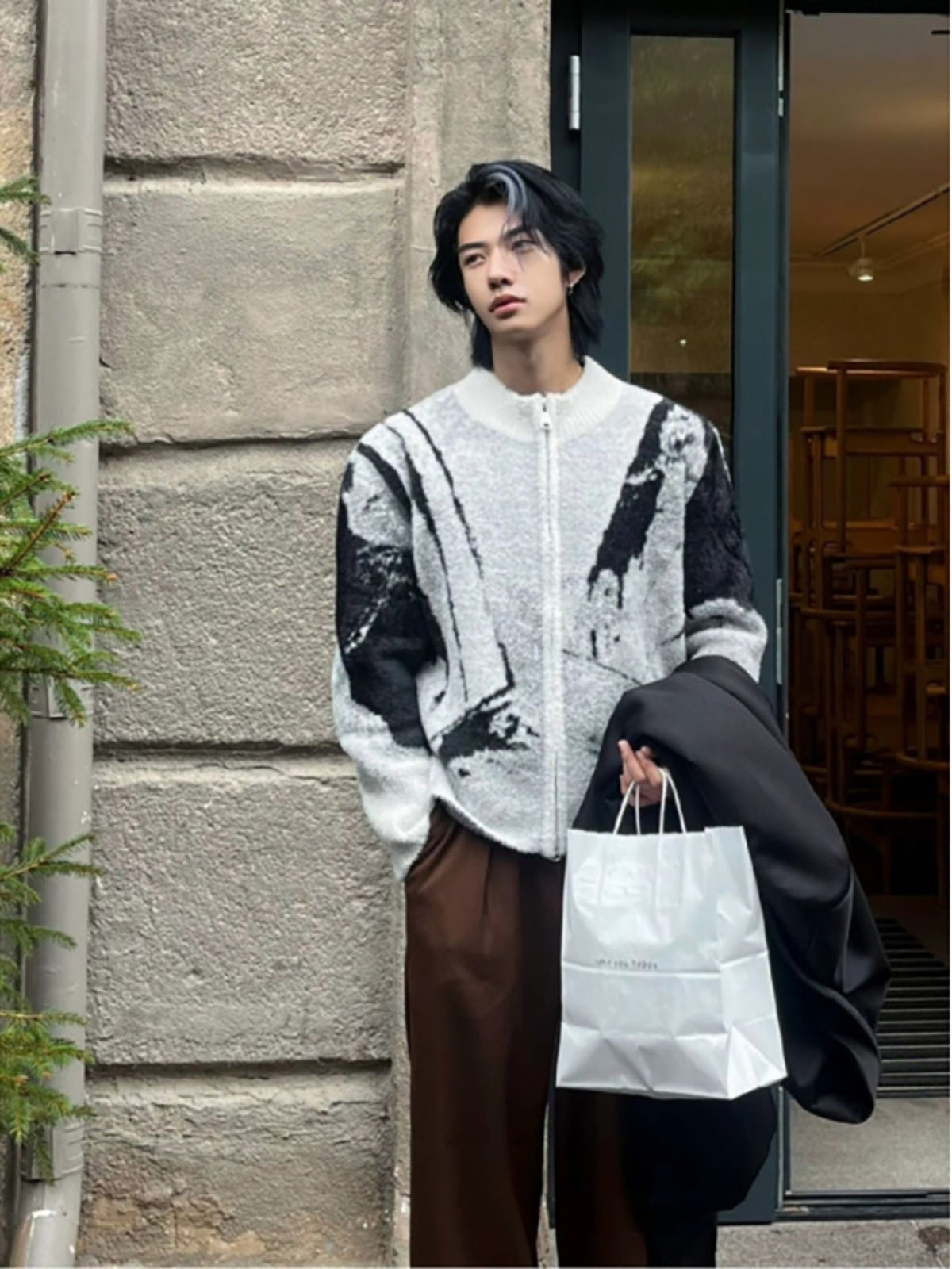 Jacquard Knit Zip Cardigan