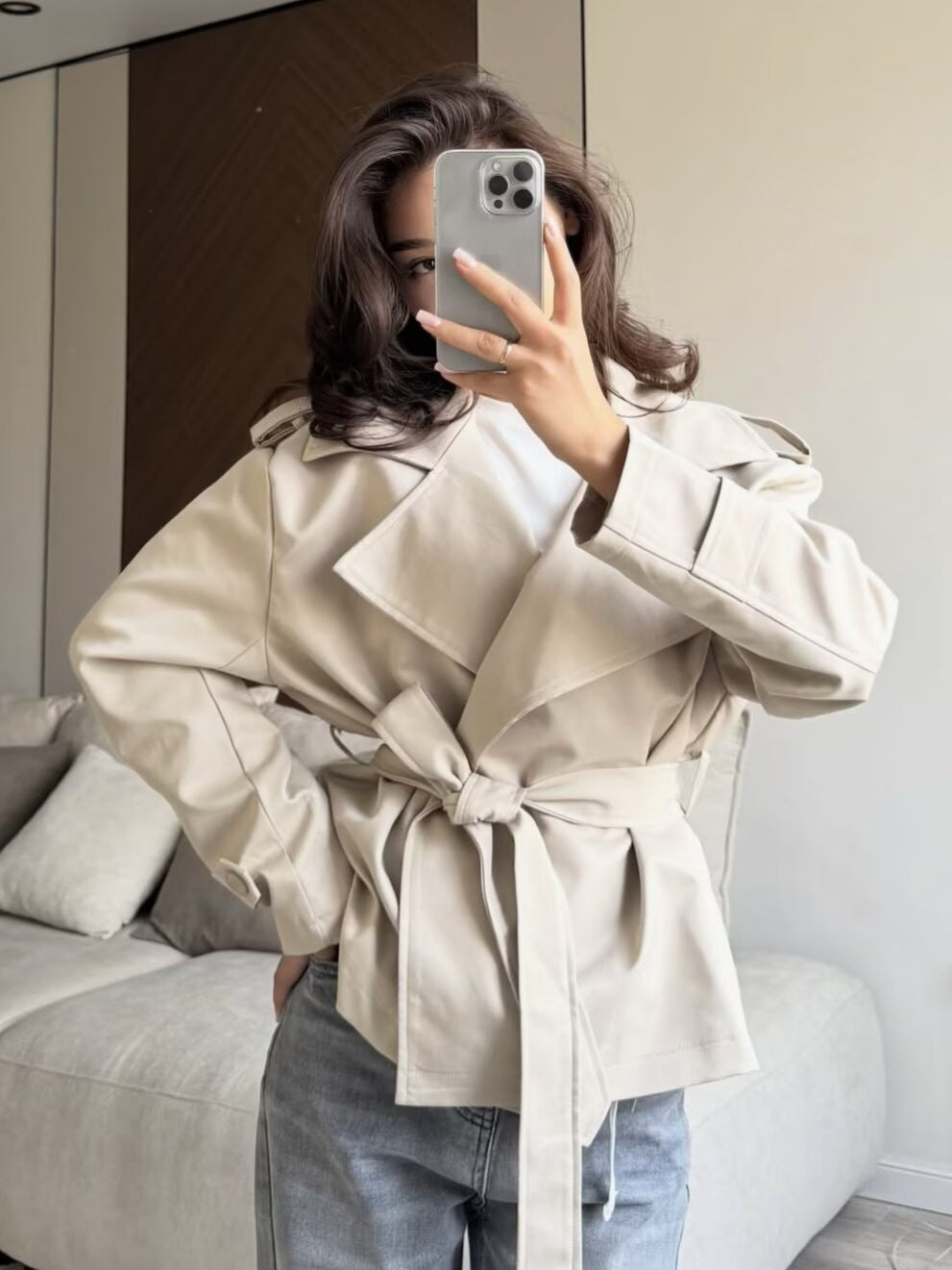 Elegant Tie Waist Short Trench Jacket