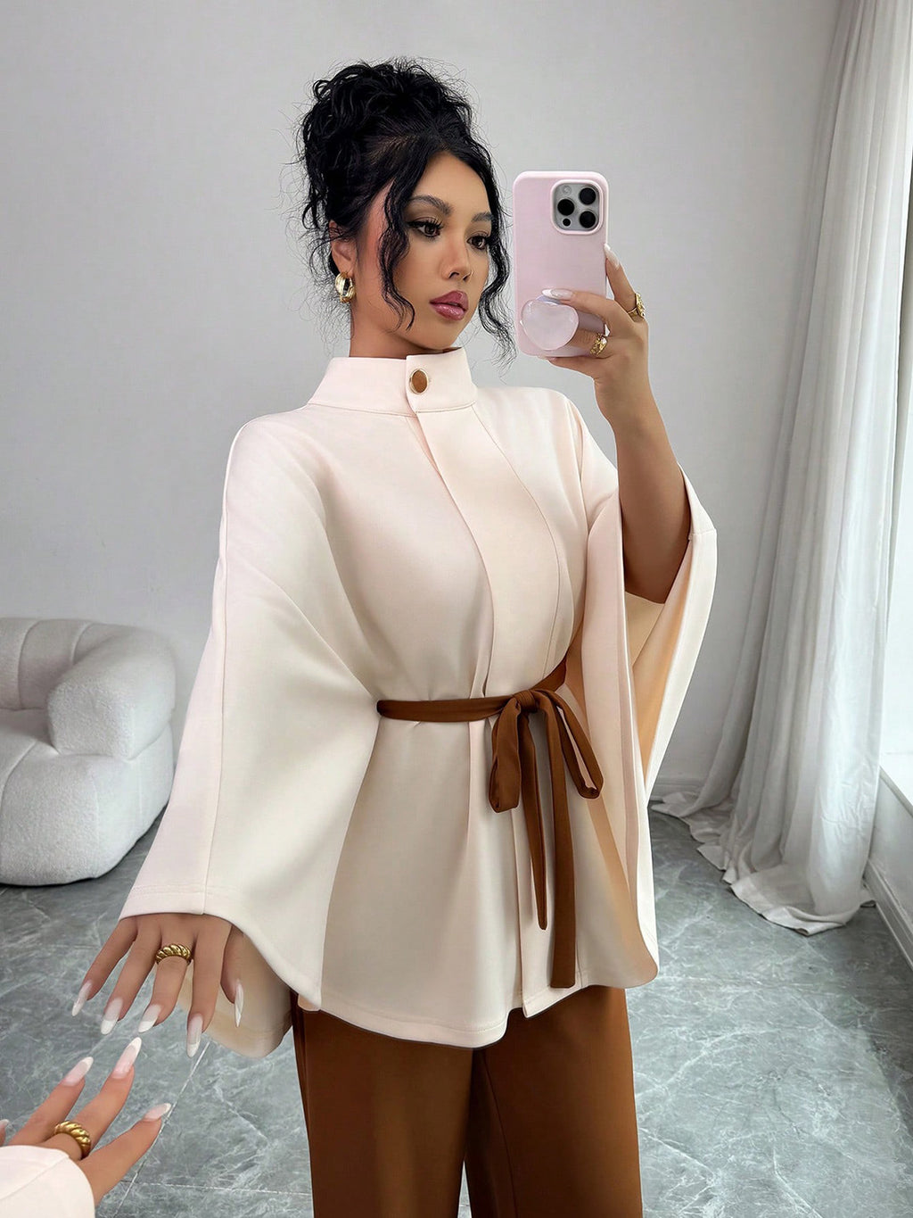 Elegant Cape Sleeve Belted Jacket