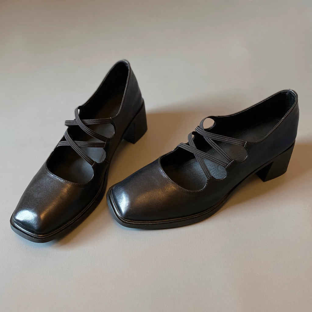 Square-Toe Leather Mary Jane Heels