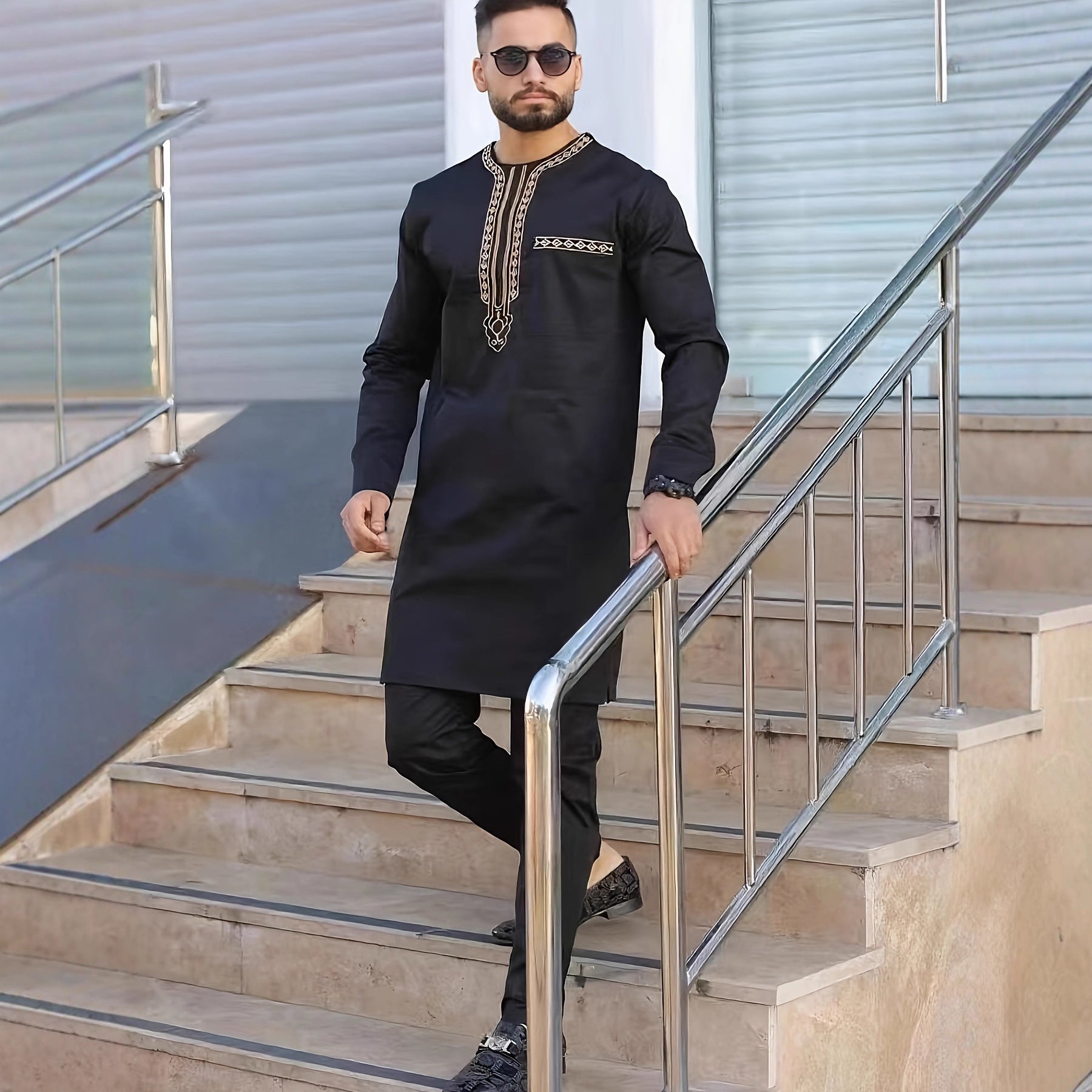 Traditional Muslim African Style Men Wedding New Suit 2 Piece Set Round Neck Long Sleeve Top Plus Pants Foreign Trade