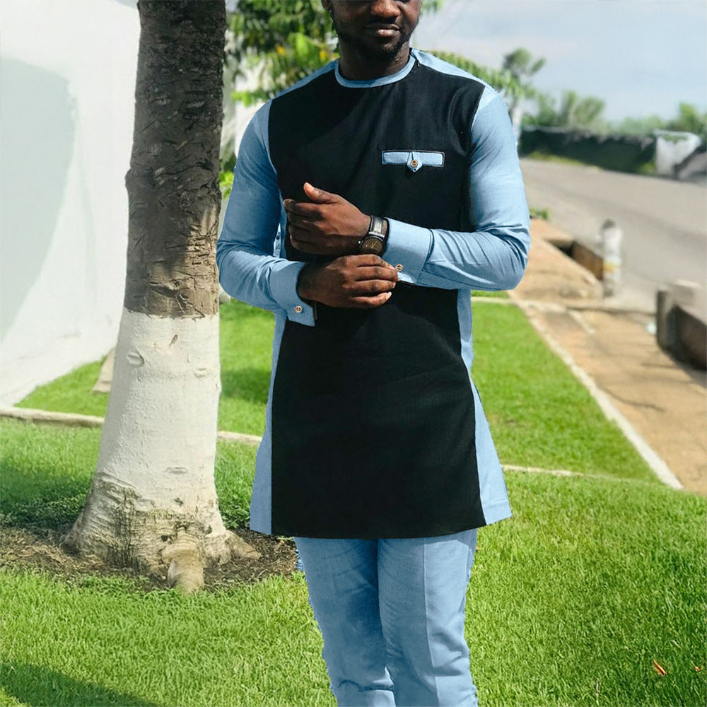 Traditional Muslim African Style Men Wedding New Suit 2 Piece Set Round Neck Long Sleeve Top Plus Pants Foreign Trade