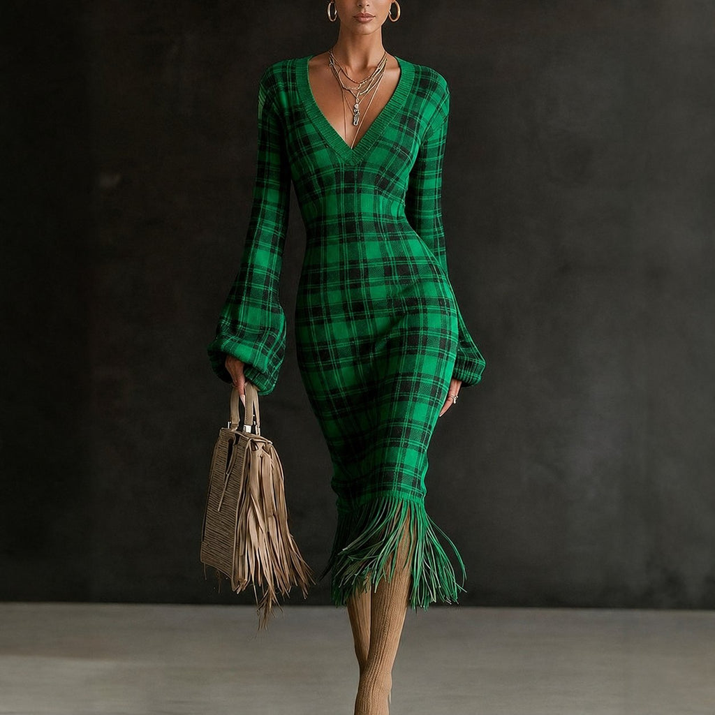 Printed Fringe Knit Dress