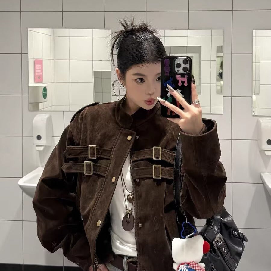 Suede Buckled Moto Jacket