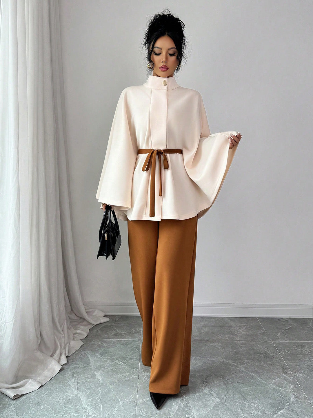 Elegant Cape Sleeve Belted Jacket
