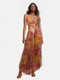 Printed Mesh Maxi Dress - Orange
