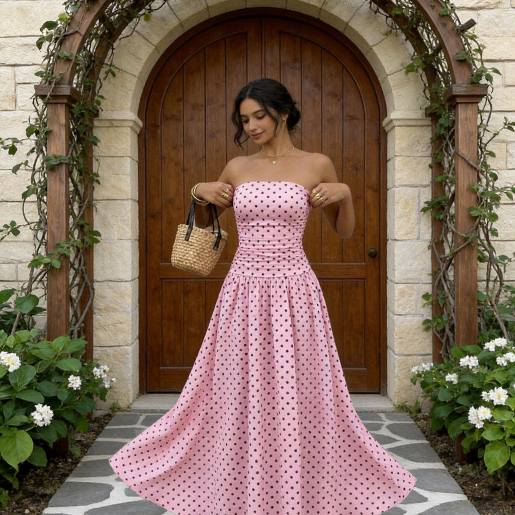 Retro Polka Dot Strapless Maxi Dress
