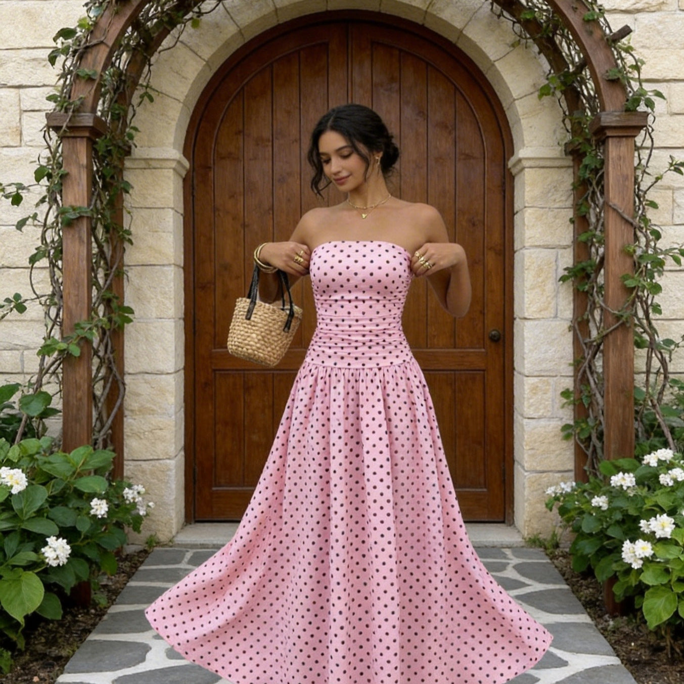 Retro Polka Dot Strapless Maxi Dress