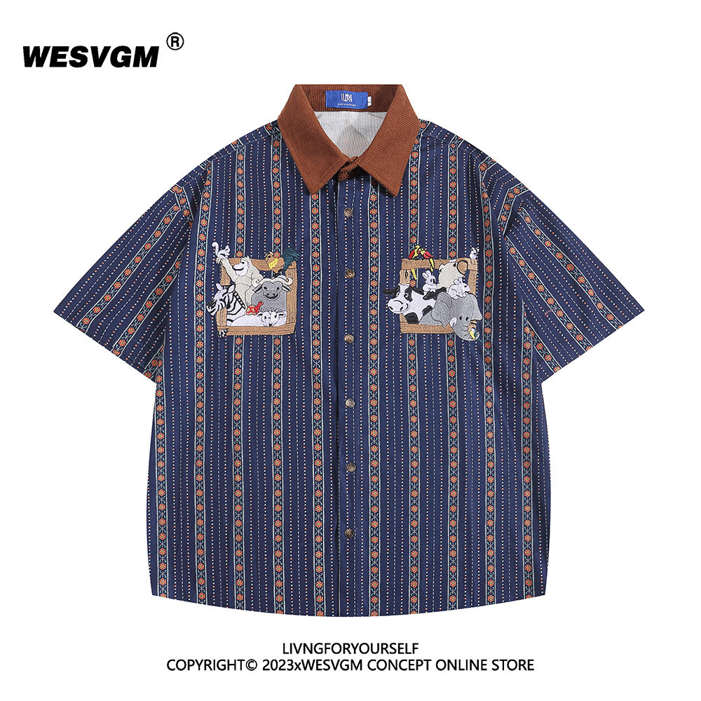 Cartoon Embroidered Striped Shirt