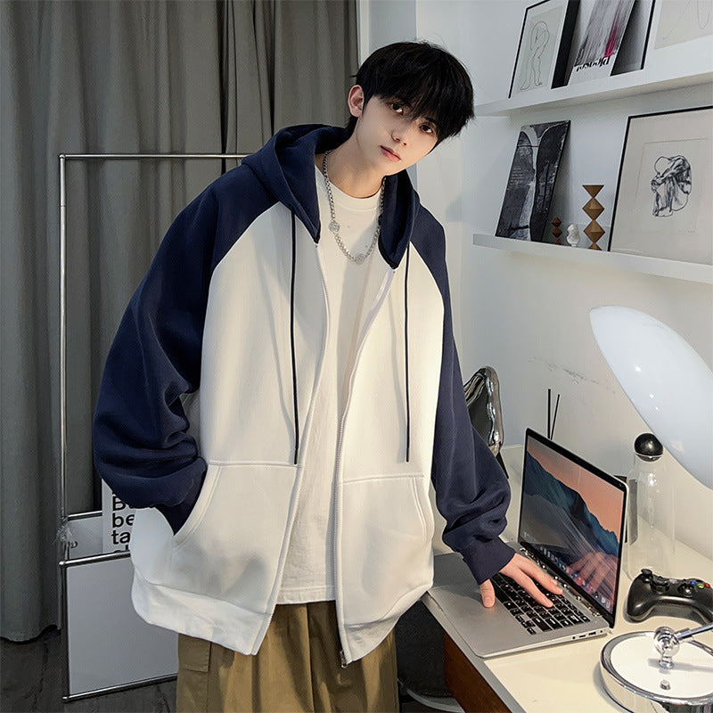 Oversized Contrast Panel Zip-Up Hoodie