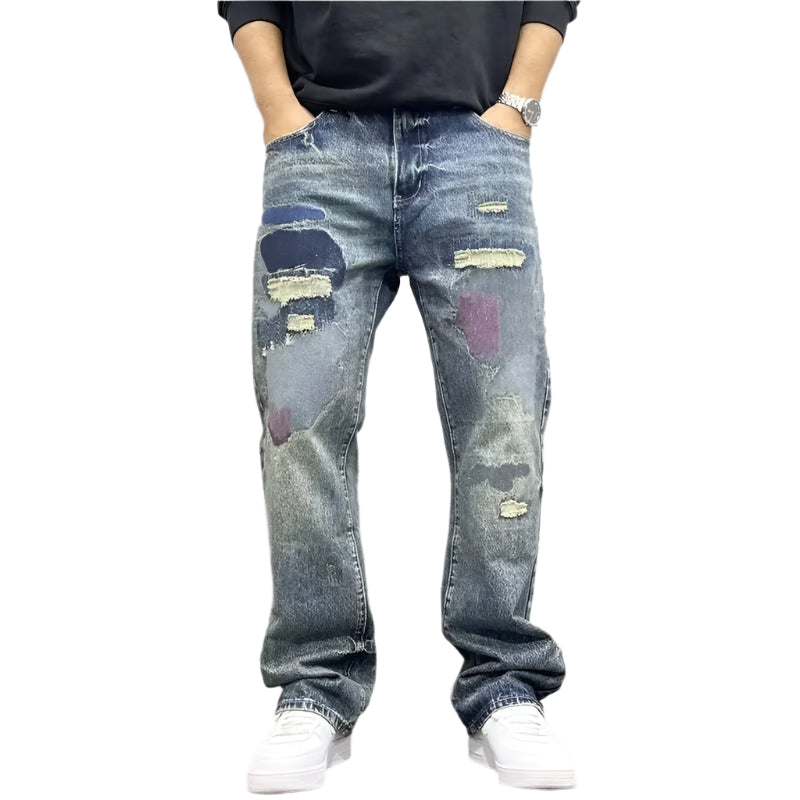 Distressed Patchwork Straight-Leg Jeans