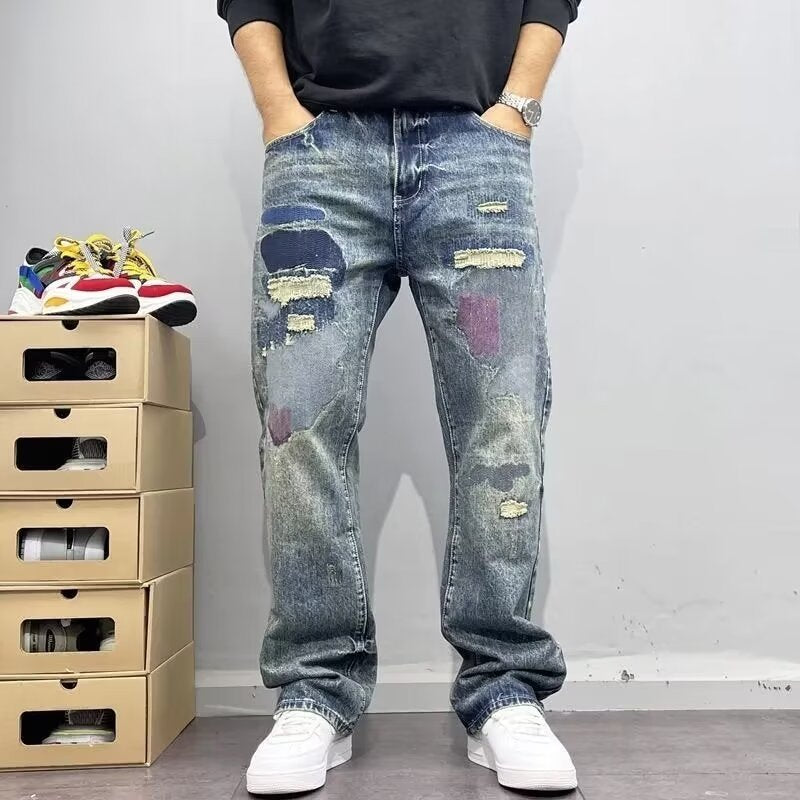 Distressed Patchwork Straight-Leg Jeans