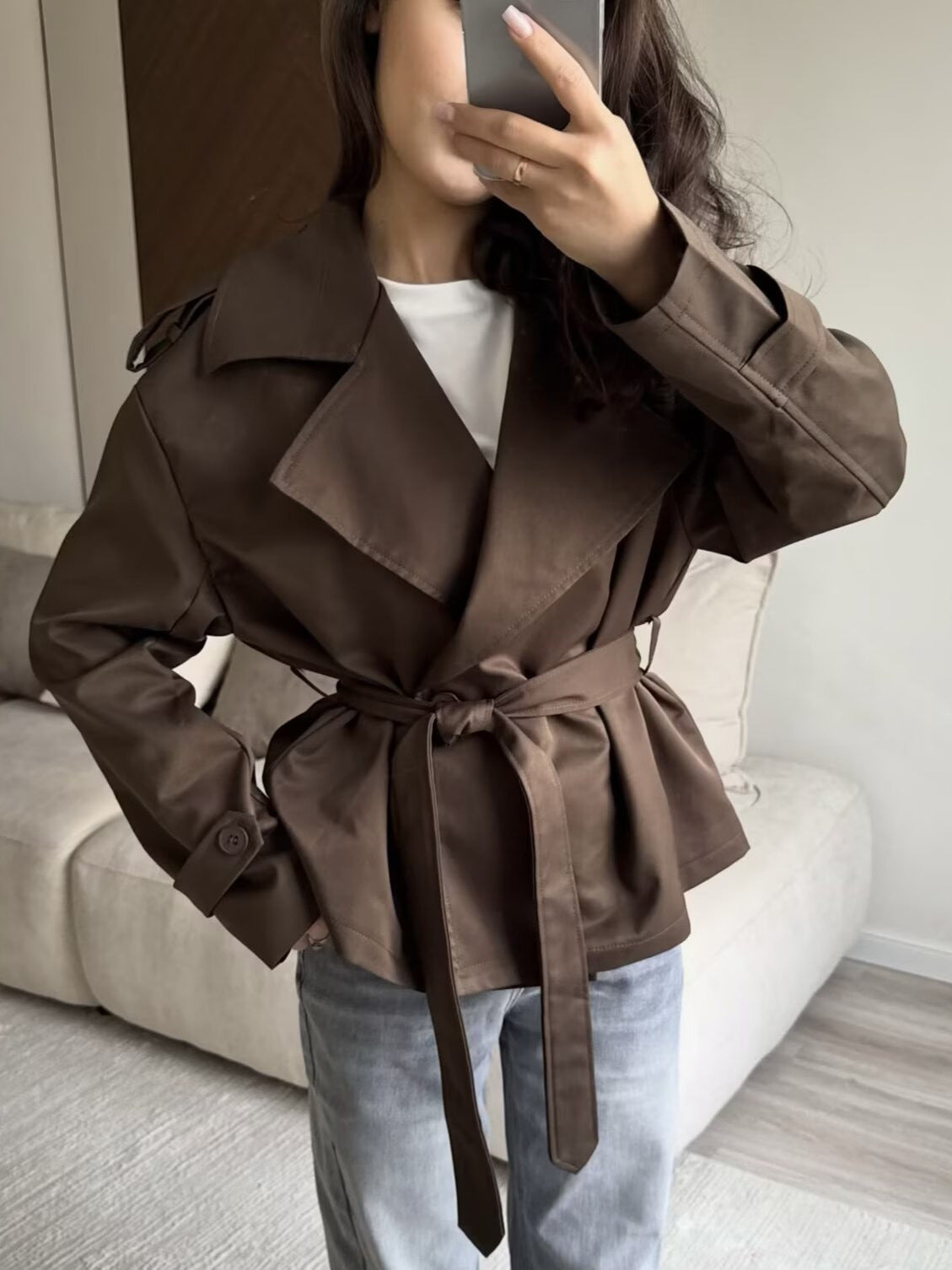 Elegant Tie Waist Short Trench Jacket