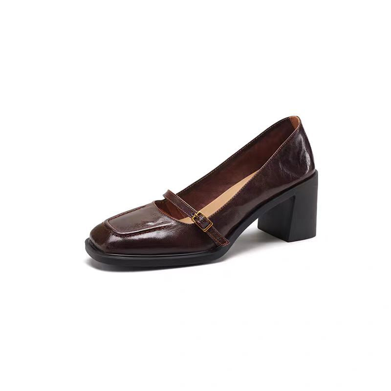 Square-Toe Leather Strap Heels