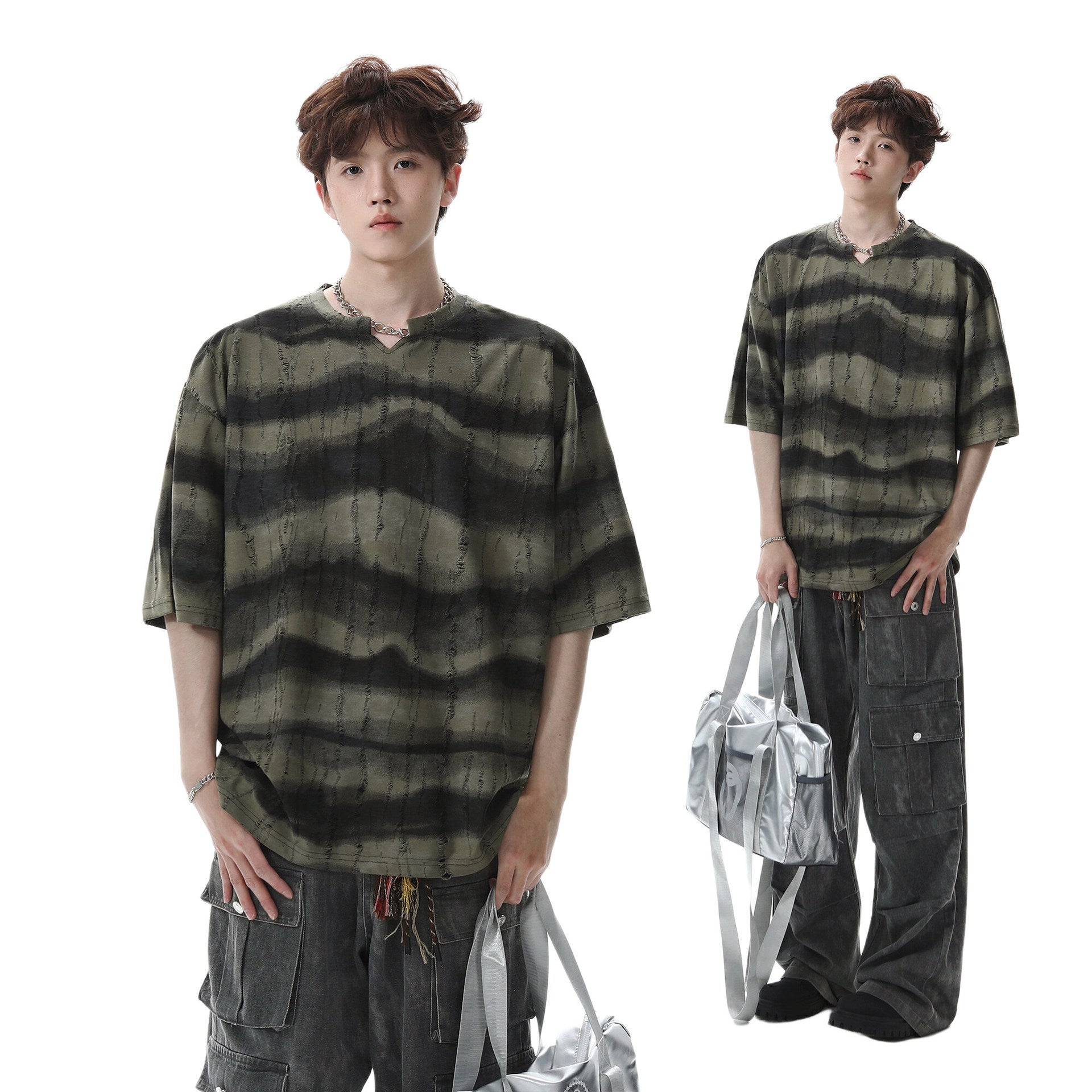 Striped V-neck T-shirt