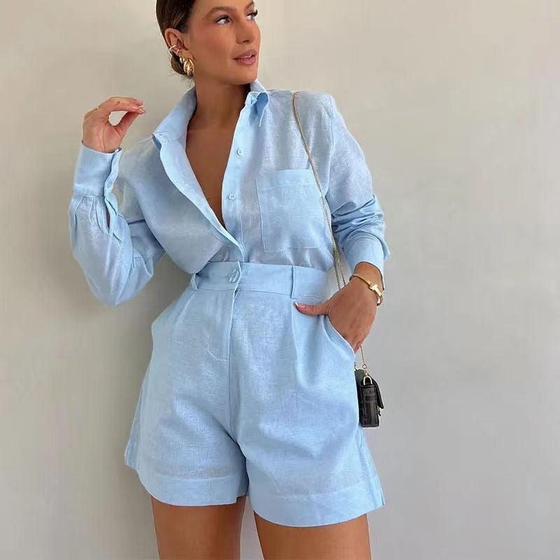 Chic Collared Shirt and High Waist Shorts Matching Set