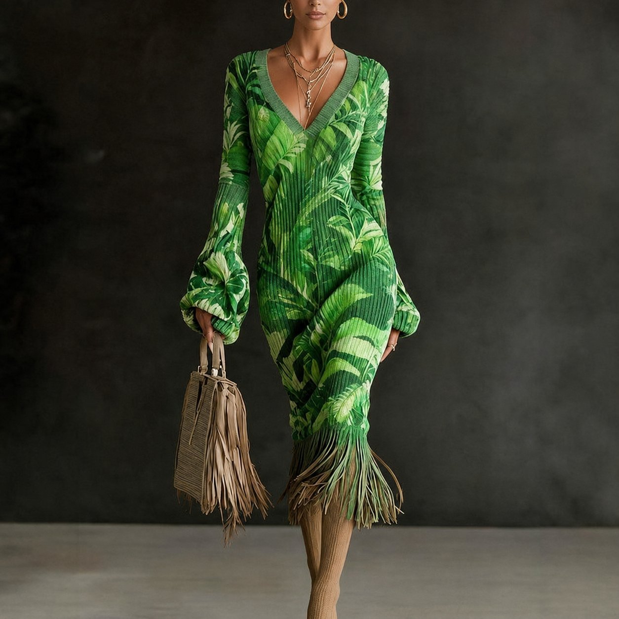 Printed Fringe Knit Dress